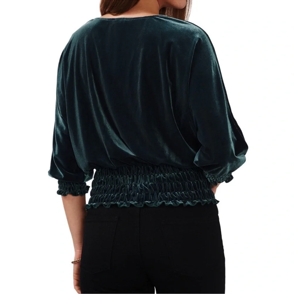 NWOT: Vince Canuto Green Round Neck 3/4 Sleeves Smocked-Hem Velour Blouse Size L - Picture 2 of 8